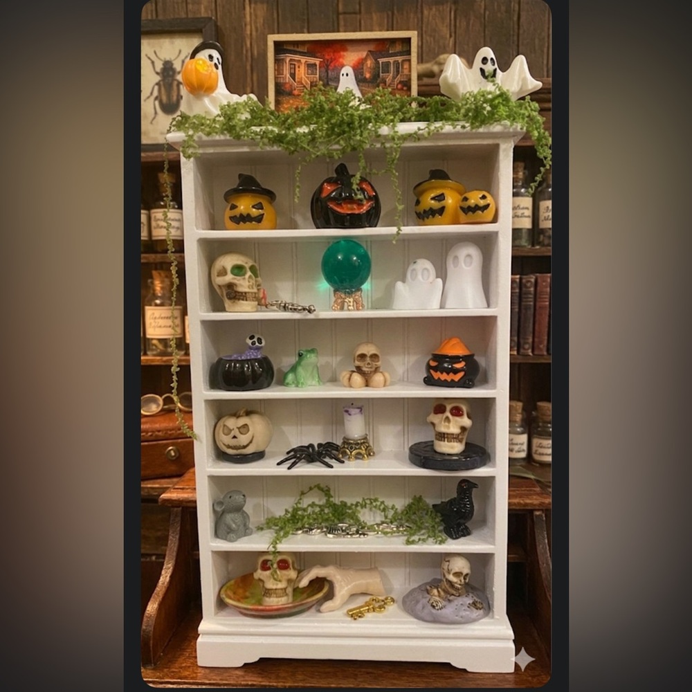 Halloween Shelf Decor Set - White Display Case with Spooky Figures